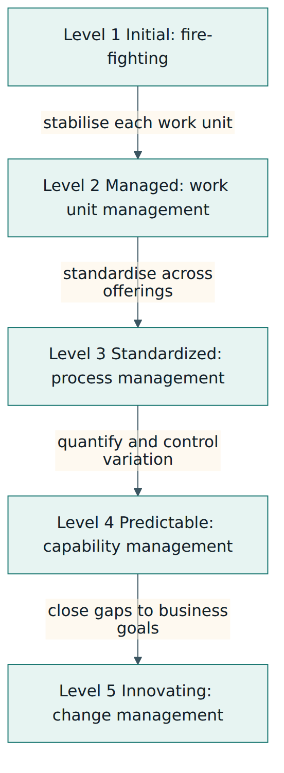 Figure 3 – The five BPMM maturity levels, their management focus and the transformation needed to move from one level to the next.
