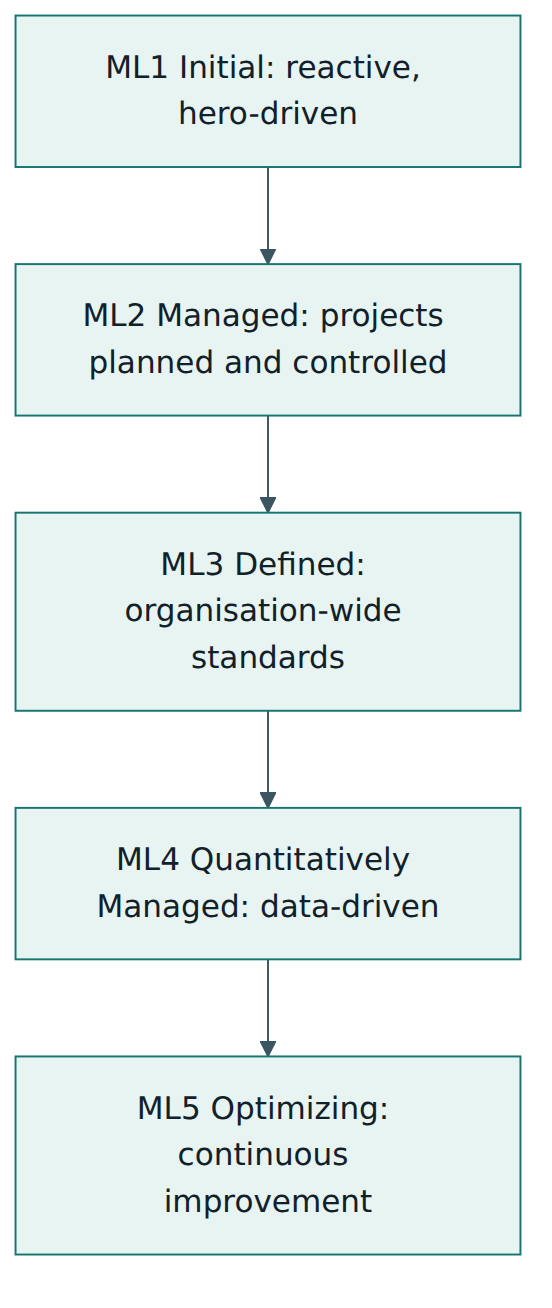 Figure 2 – The five maturity levels form a staircase: each level builds on the practices of the levels beneath it, so levels cannot be skipped.