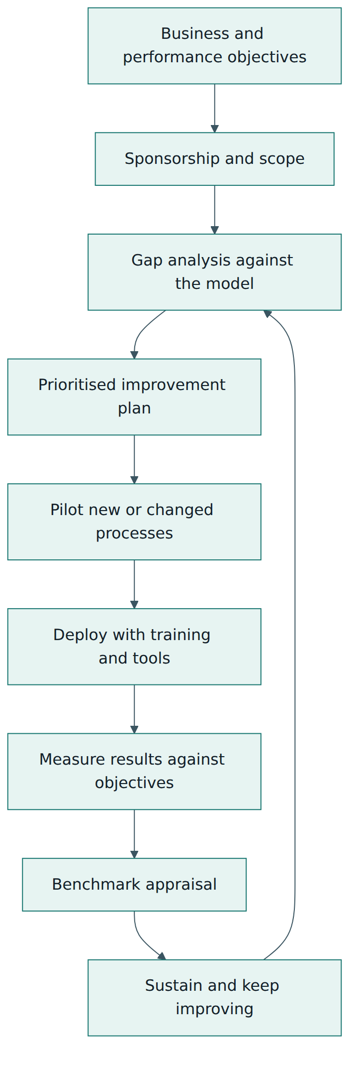 Figure 3 – A performance-driven CMMI improvement cycle: objectives drive the gap analysis, improvements are piloted and deployed, results are measured, and appraisals confirm progress before the cycle repeats.