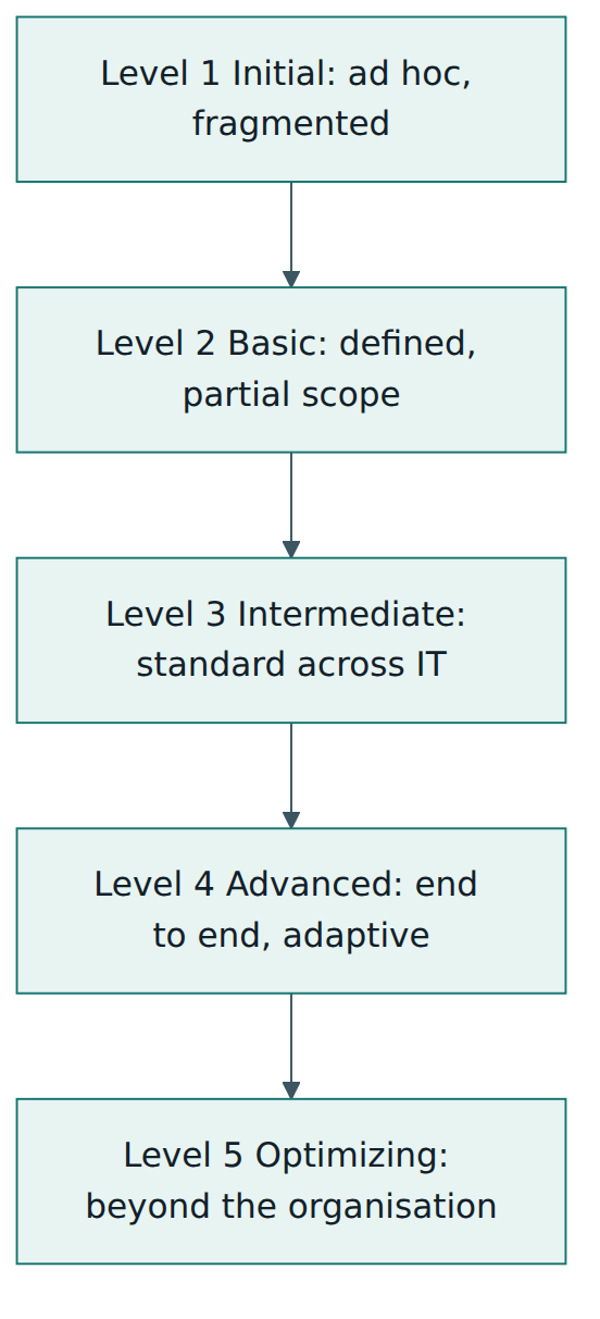 Figure 3 – The five IT-CMF maturity levels build on each other, widening scope and making outcomes more predictable at each step.