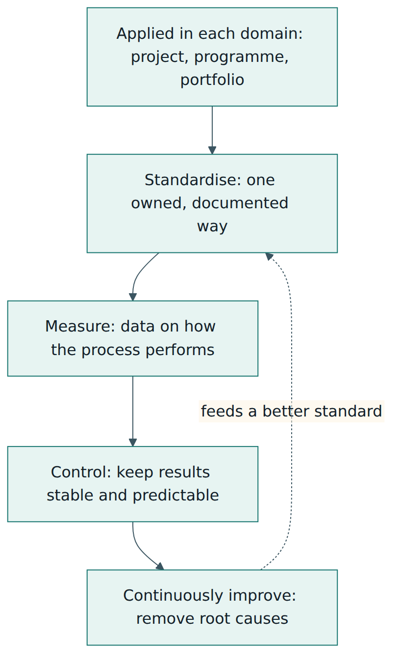 Figure 3 – The SMCI stages of process improvement: each stage builds on the one before it, and the same path applies to processes in the project, programme and portfolio domains.