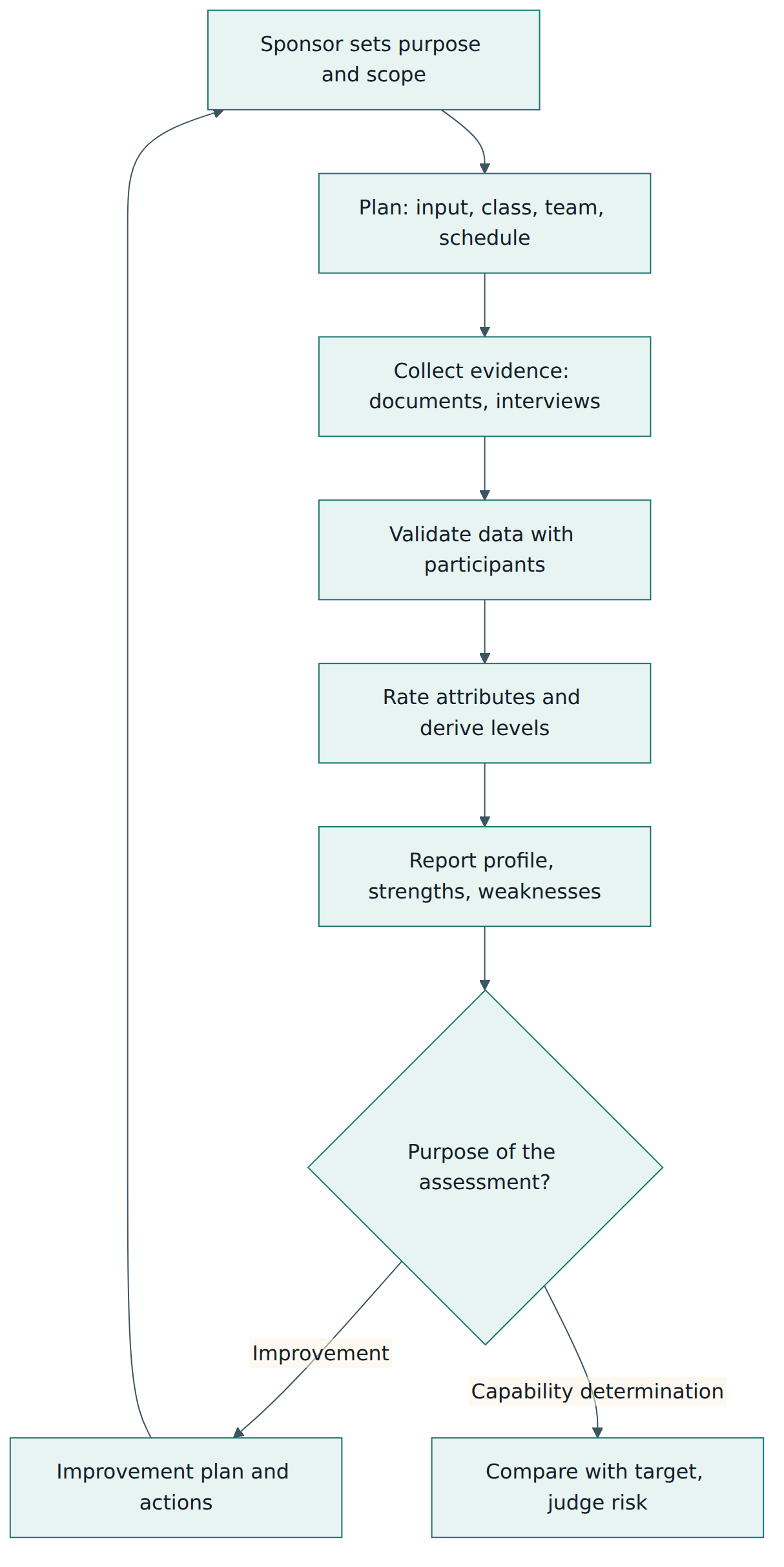 Figure 4 – The flow of a SPICE assessment from the sponsor's purpose to ratings and a report, and the two ways the results are used.