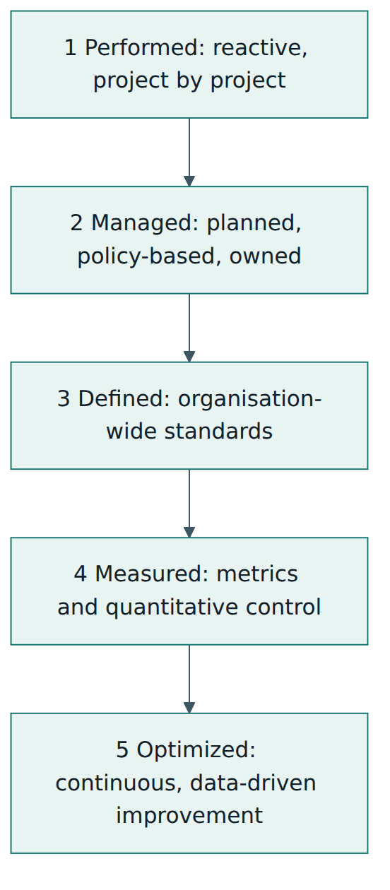 Figure 2 – The five DMM capability levels: each level keeps everything from the levels below it and adds more consistency, measurement and improvement.