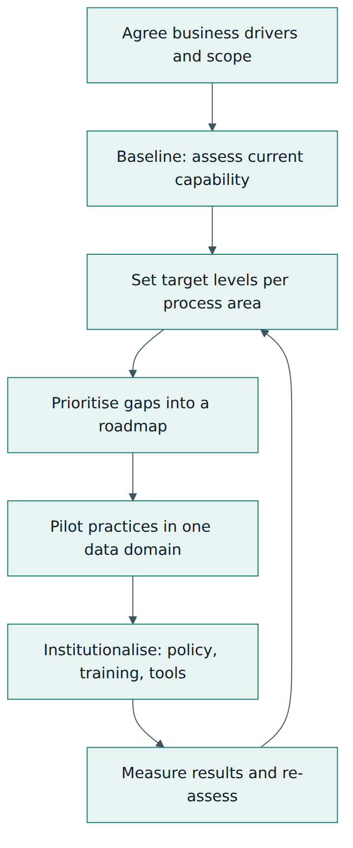 Figure 3 – A DMM-based improvement cycle: baseline, targets, roadmap, pilot, institutionalise, measure, then set new targets.