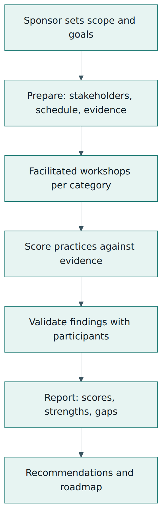 Figure 4 – The main stages of a DMM assessment, from sponsorship and preparation through workshops and scoring to a report and an improvement roadmap.