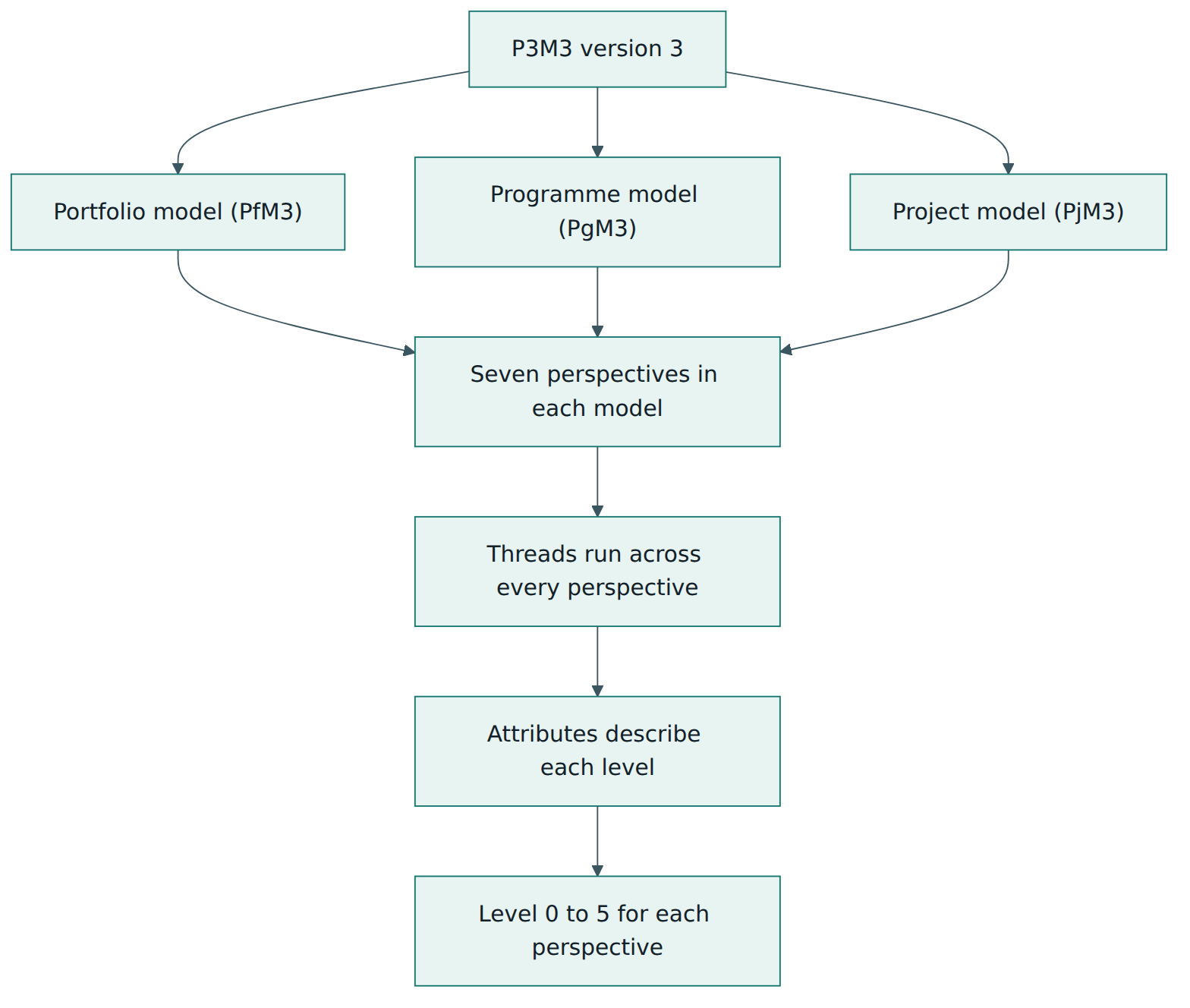 Figure 1 – The layers of P3M3: three sub-models share seven perspectives, which are examined through threads and scored from detailed attributes.