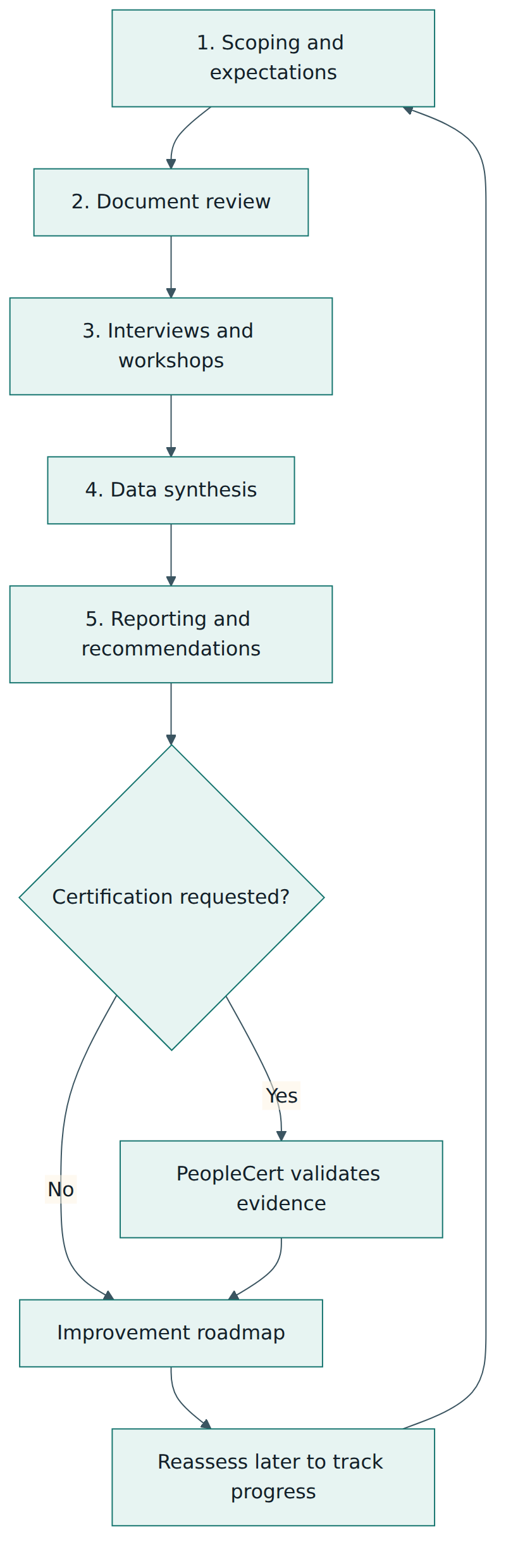 Figure 4 – A full P3M3 assessment: five stages, optional certification, then an improvement roadmap and a later reassessment.