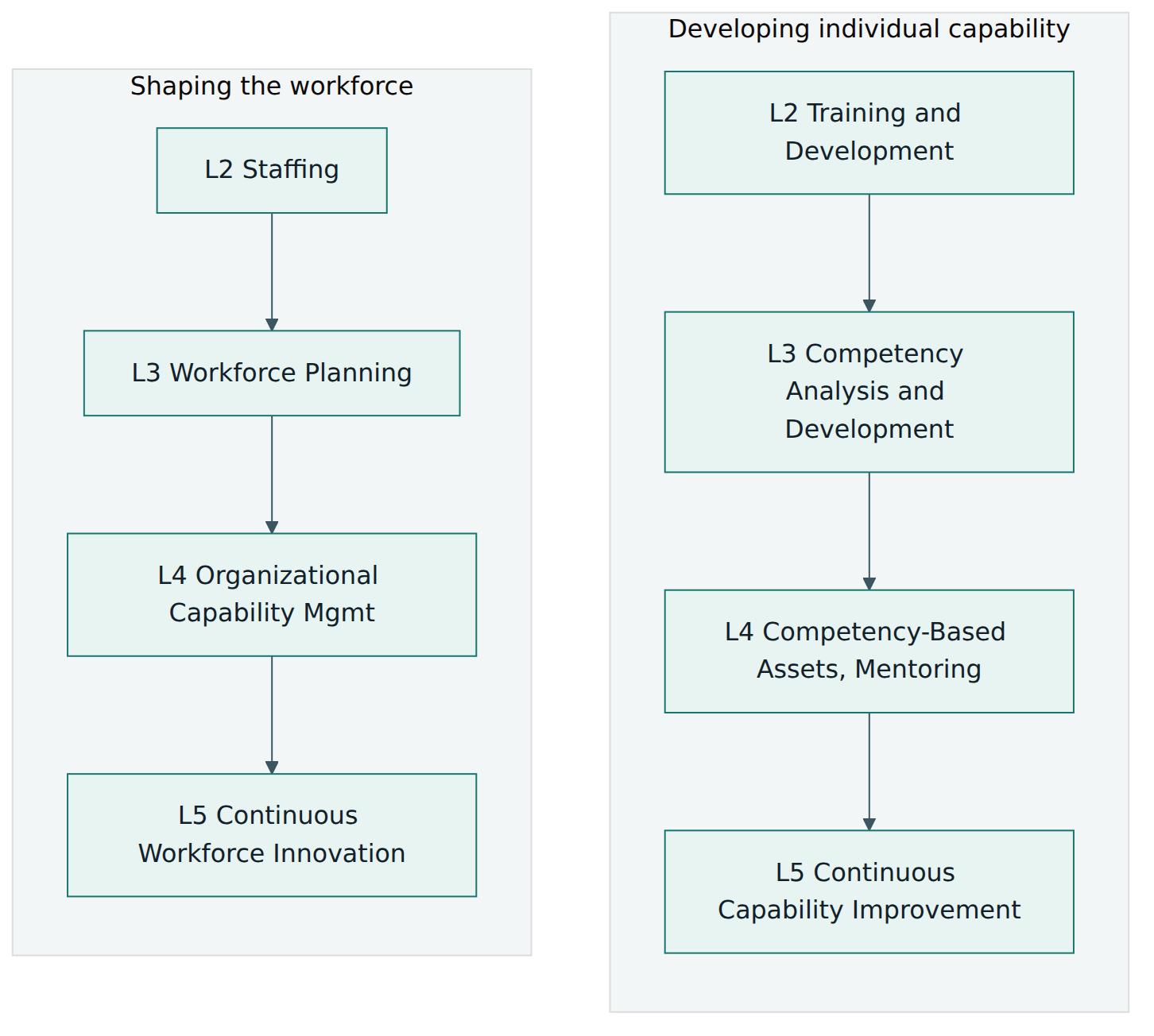 Figure 3 – Two of the four process area threads, showing how a level 2 practice is transformed at each higher level.