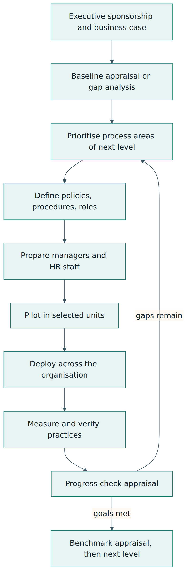 Figure 4 – A typical People CMM improvement cycle, from sponsorship and baseline to a benchmark appraisal.