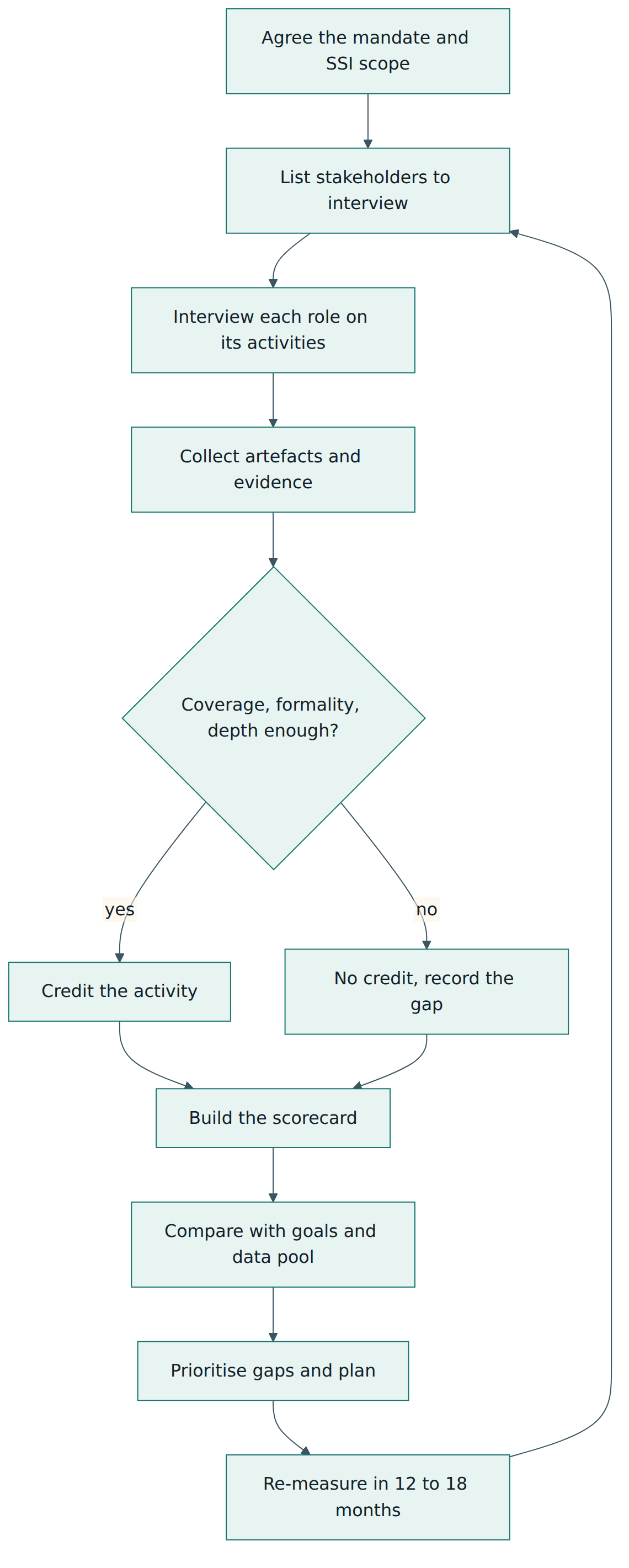 Figure 4 – Building and using a BSIMM scorecard: interview, verify evidence, credit activities, compare, plan and re-measure.