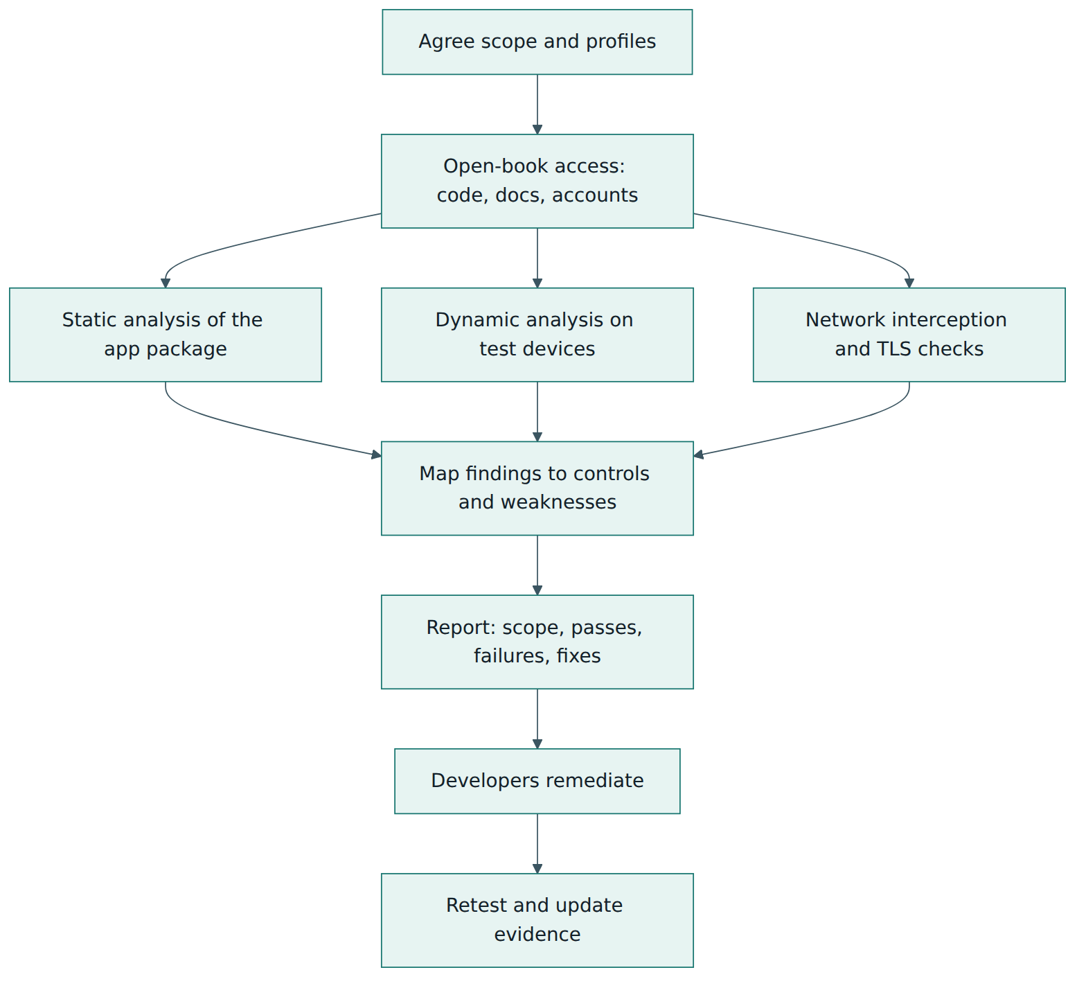Figure 4 – A typical MASVS verification: scope, open-book access, three kinds of analysis, mapped findings, report, remediation and retest.