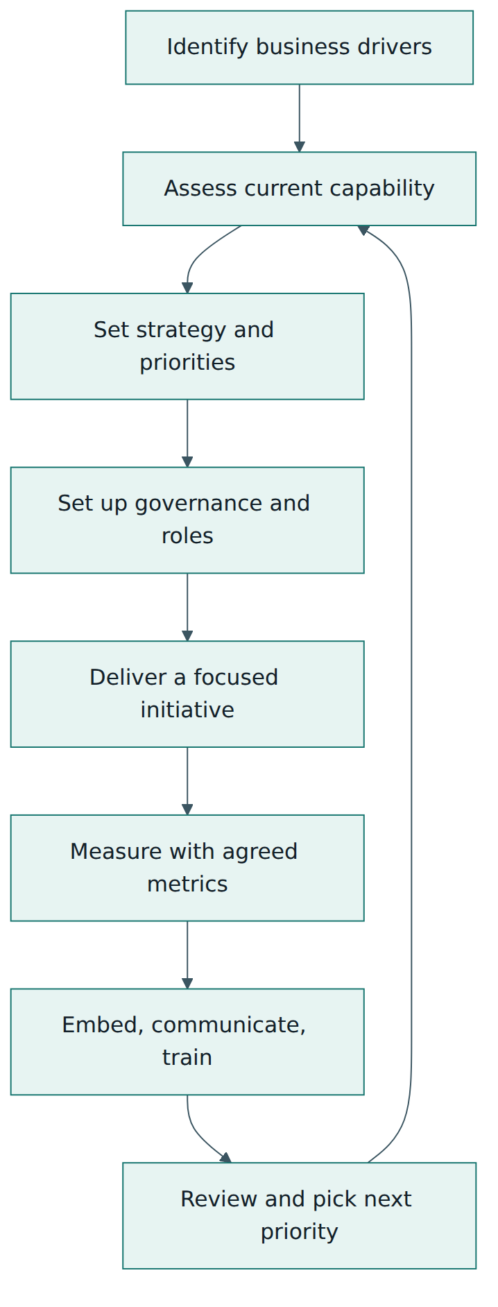 Figure 4 – A practical DMBOK-based programme cycle: drivers and assessment lead to priorities, governance and a focused initiative, whose measured results feed the next round.