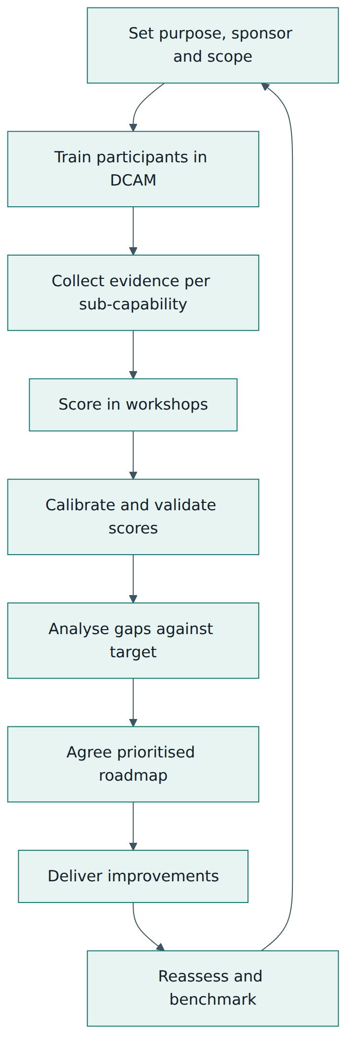 Figure 4 – A typical DCAM cycle: scope, train, evidence, score, calibrate, plan, improve and reassess.