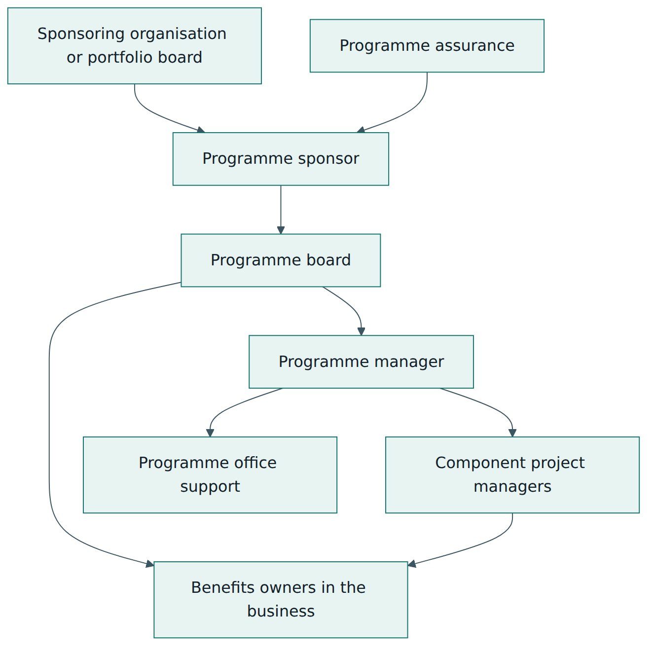 Figure 4 – Typical programme roles: the sponsoring organisation oversees, the sponsor and board direct, the programme manager coordinates components, business owners receive outputs and own benefits, and assurance reports to the sponsor.